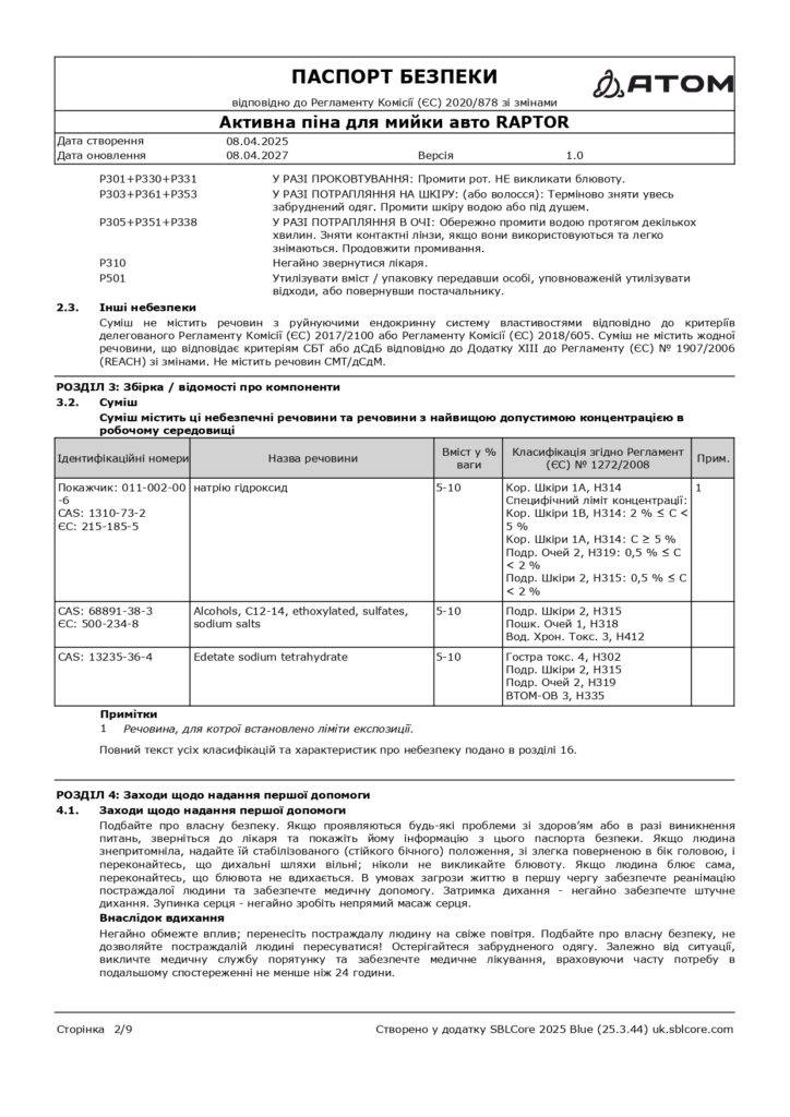 SDS Aktyvna pina dlia myyky avto RAPTOR page 0002