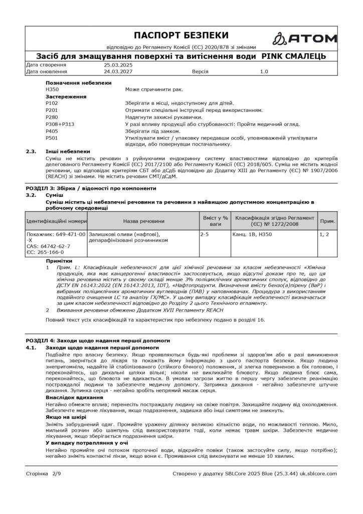SDS Zasib dlia zmashchuvannia poverkhni ta vytisnennia vody PINK SMALETS page 0002
