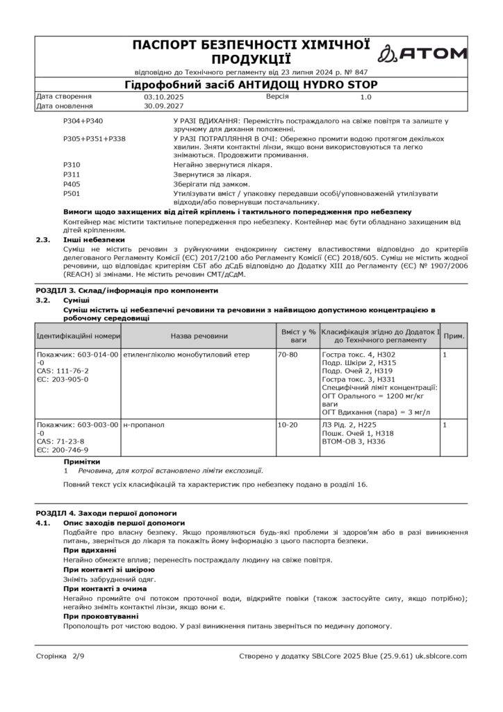 SDS Hidrofobnyy zasib ANTYDOSHCH HYDRO STOP page 0002